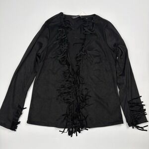 Colleen Lopez Faux Suede Fringe Topper Jacket Black Size Small HSN